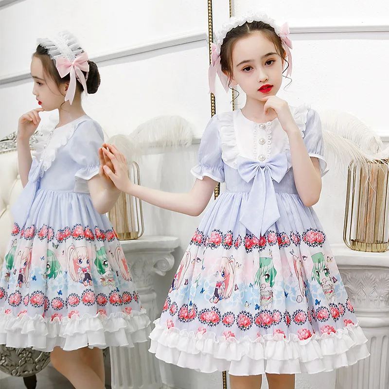 

Kids Girl Lolita Style Dress Lace Bow Sweet print Girls Princess Dress Summer Birthday Party Ball Gown Dress 3-15 Years Children
