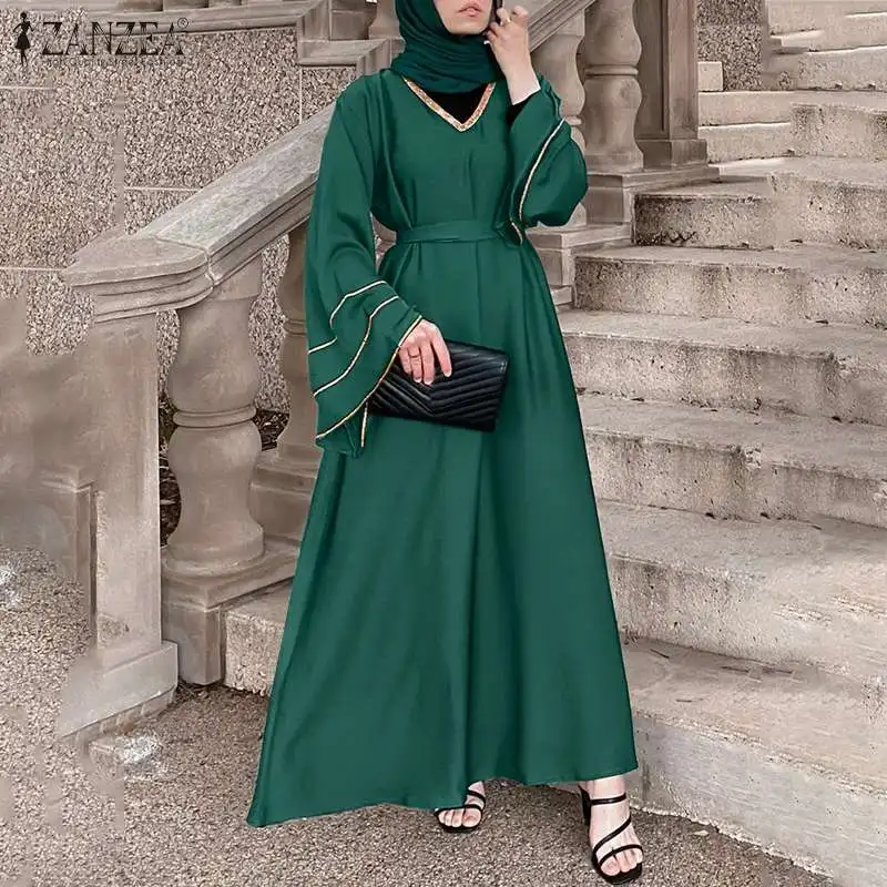 Женское винтажное мусульманское платье ZANZEA, весеннее Платье макси с V-образным вырезом и расширяющимся книзу рукавом, женское платье-хиджаб...