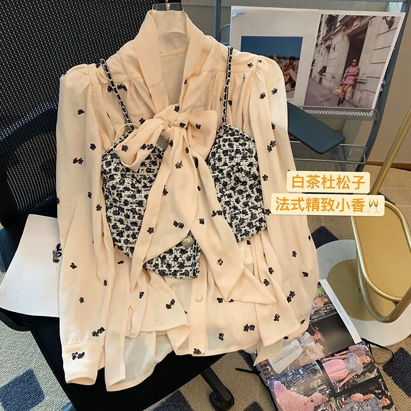 

Chic Women Lace Up Bowtie Chiffon Shirt Spring Floral Printed Pleated Blouses with Vest Long-sleeved Crop Tops 2pcs Set Blusas