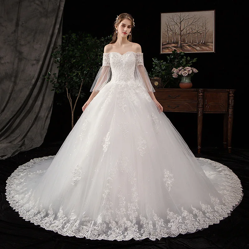 

wedding dress Ball Gown Formal Boat Neck Appliques Elegant Long Train Famous civil lace edge modest romantic Bride Dress