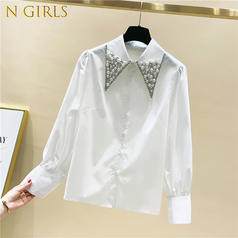 

N GIRLS High Quality Pearls Collar White Shirt Women Tops Mujer Spring New Arrival OL Elegant Blouse Tops Camisas Mujer