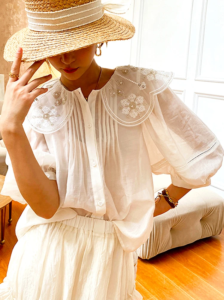 Элегантная шикарная белая блузка GypsyLady свободная Летняя женская с цветочной