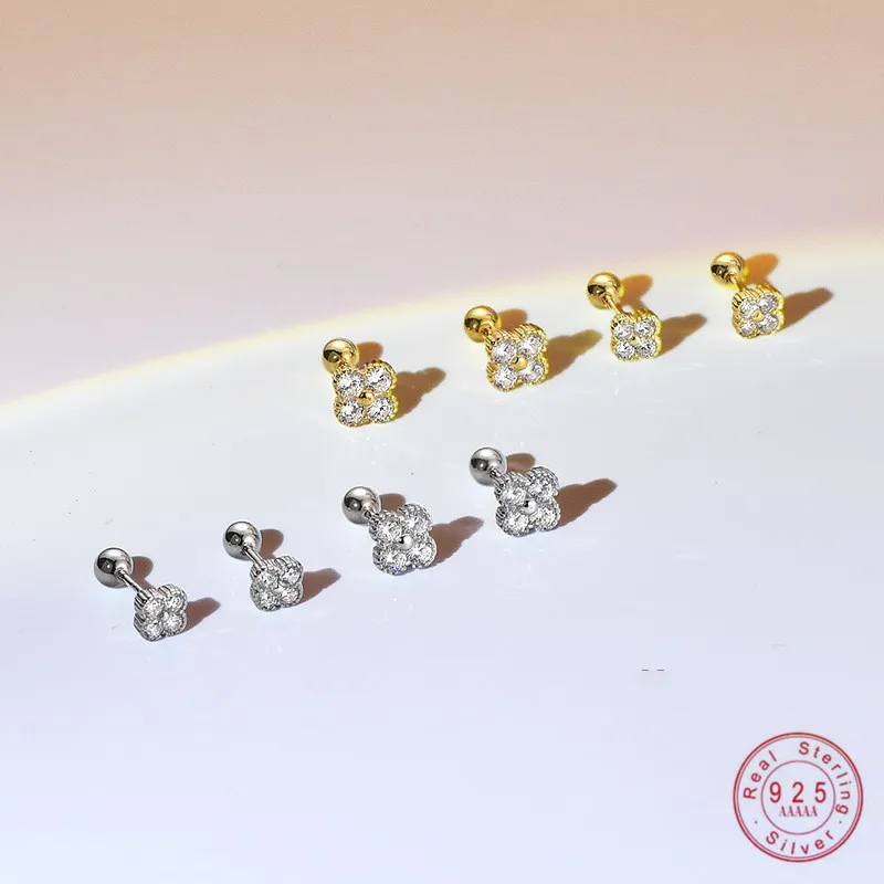 

926 Sterling Silver Korean Shiny Zircon Flowers Mini Stud Earrings for Women Girl Exquisite Simple Jewelry Accessories