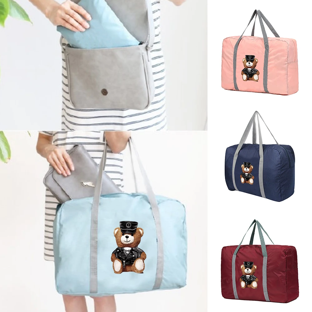 

Foldable Travel Bags Women Portable Clothing Organizer Handbags Large Capacity Duffle Bag Bear Police Pattern Travel Accessories