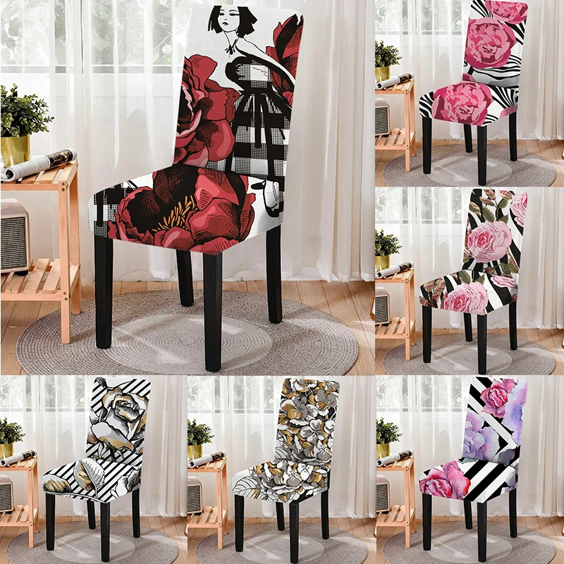 

Black＆white Stripe Series Rose Printing Stretch Dust-proof Dining Chair Cover Removable All Inclusive One-piece Seat Cover