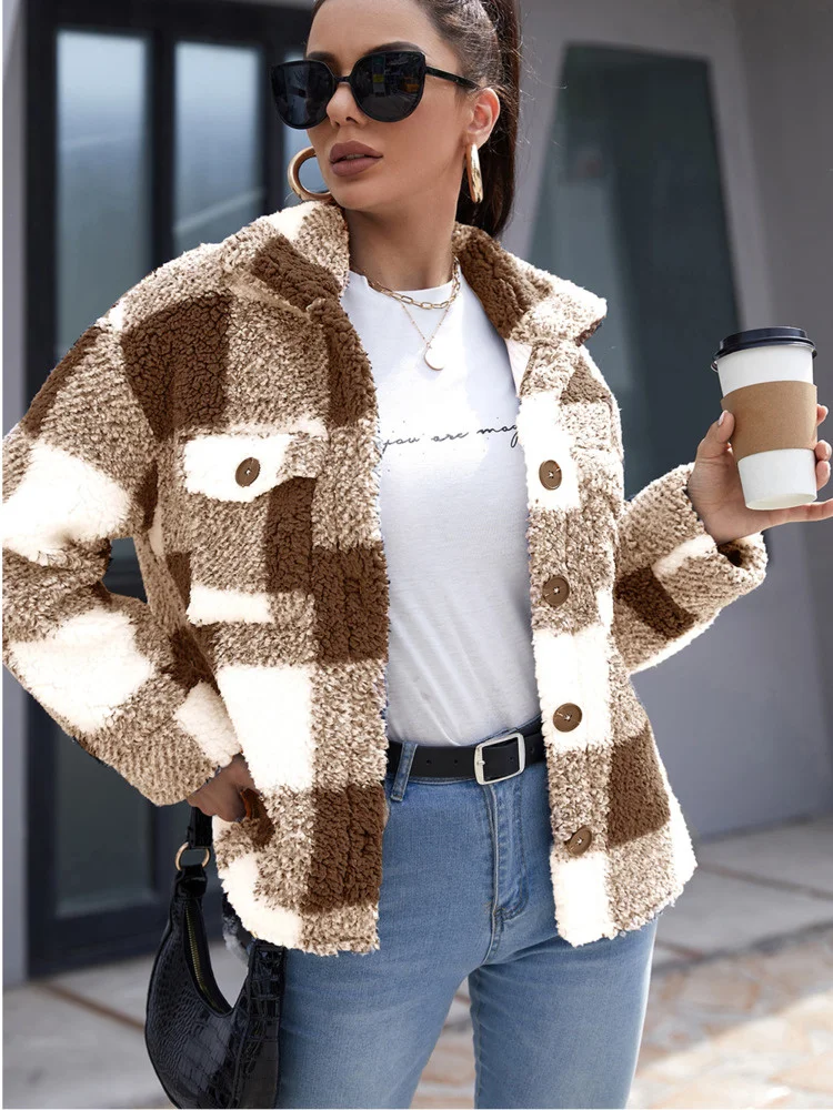 Женская однобортная клетчатая рубашка LiTi с отложным воротником темпераментная