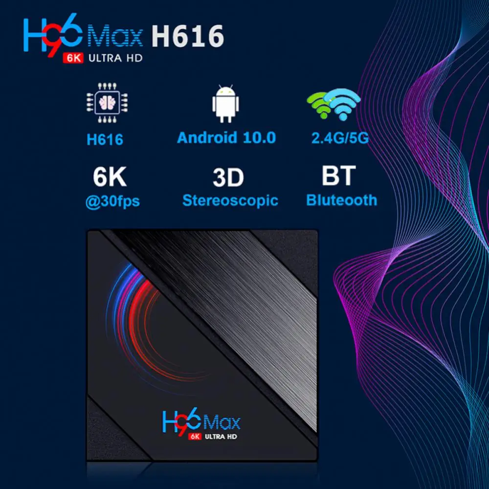 

Приставка Смарт-ТВ H96 MAX H616, Android 10, 4 + 32/64 ГБ, 1080p HD, 6K