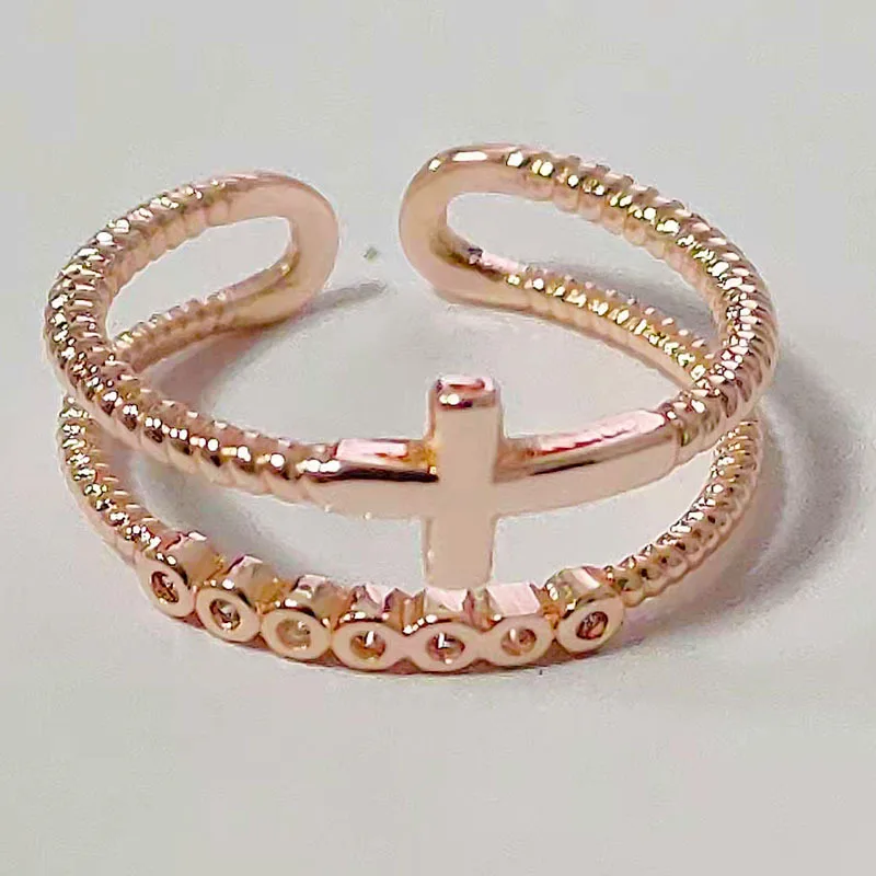 

2022 Woman Rings Korean Fashion Gothic Accessories Hollow Double Layer Cross Micro Rhinestone Rose Gold Open Ring Gold Jewelry