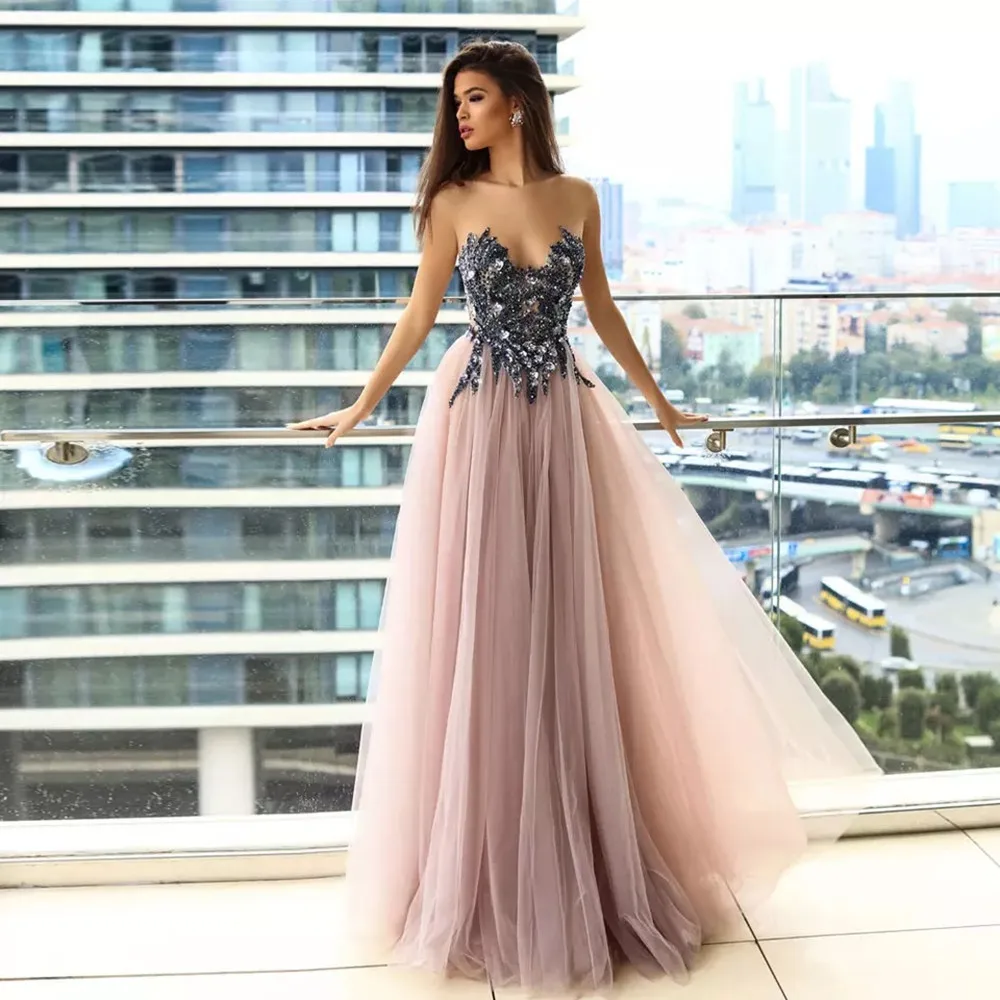 

Luxurious Pink Lace Applique Evening Dress Sleeveless Sweetheart Tulle Prom Dress Sequin Beaded Party Dress Vestido De Gala