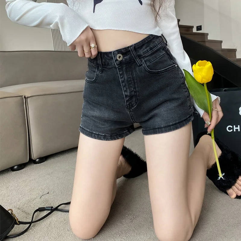 Retro minimalist denim shorts jeans for women in 2023, new high waisted outerwear with spicy girls' elastic A-line straight leg