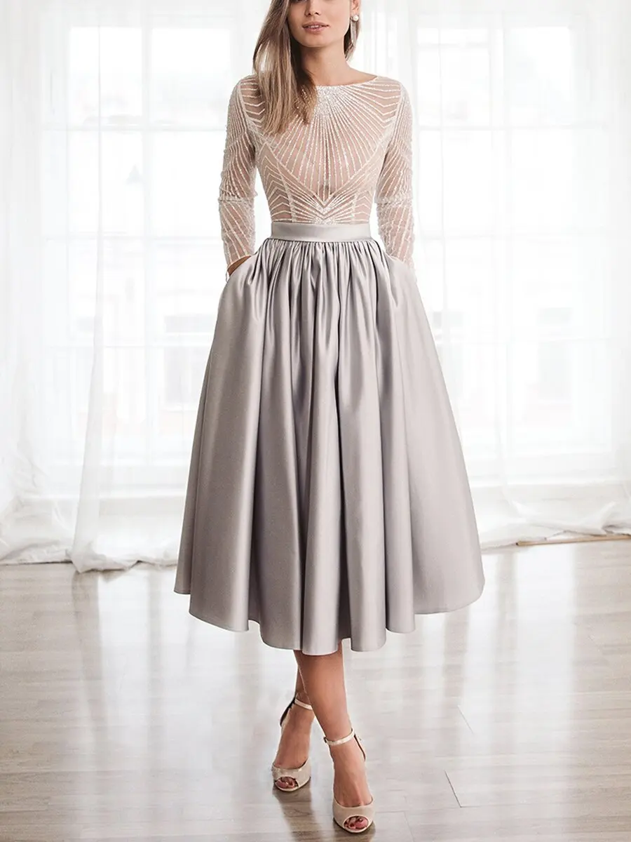 PLEINDI Luxury Evening Dresses V-Neck A-LINE Long Sleeves Tea-Length Chiffon 2022 New of Ruched Exquisite Prom Women Dress