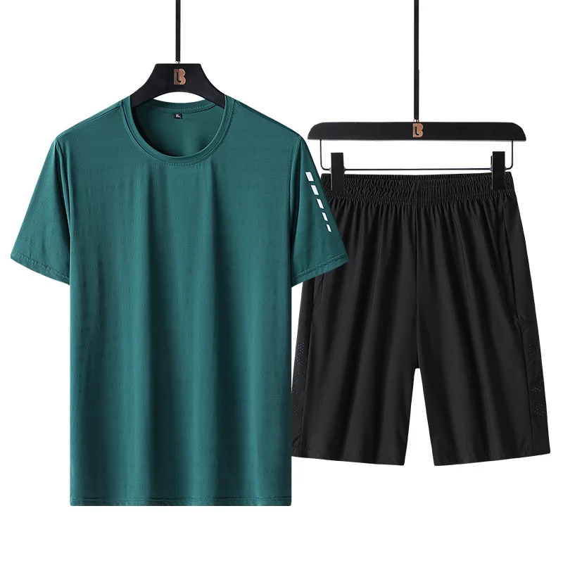 2023 Sports Set Men's Summer Thin Quick Drying T-shirt Men's Fitness Short Sleeve and Running Shorts Ice Silk Two Piece Set