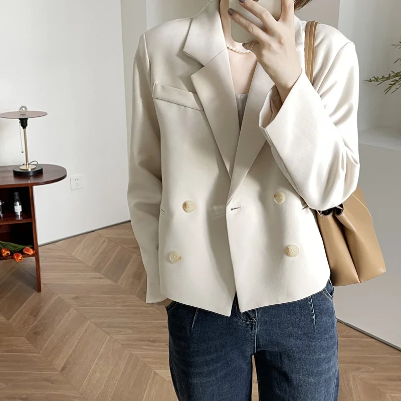 

Vintage One Button Short Blazers For Women Loose Solid Casual Suits Long Sleeve 2022 Autumn New Coat Female Jacket 88671