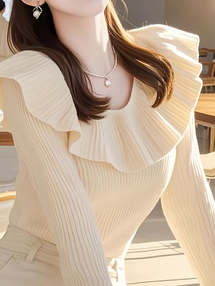 Женский свитер с оборками новинка 2024 осень и зима уникальный шикарный вязаный