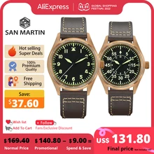 San Martin Bronze Pilot Watch Military YN55A Retro Simple Style Mens Automatic Mechanical Watches Leather Strap 20Bar Luminous