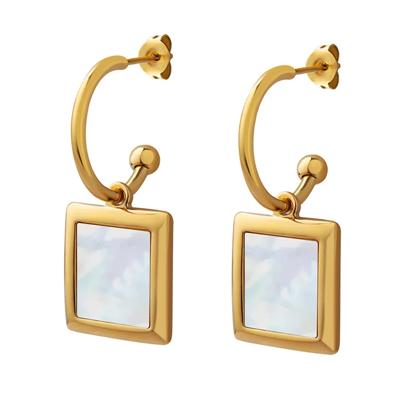 Light Luxury Square White Seashell Hoop Earrings For Women Stainless Steel Drop Natural Shell Earrings Waterproof Jewelry