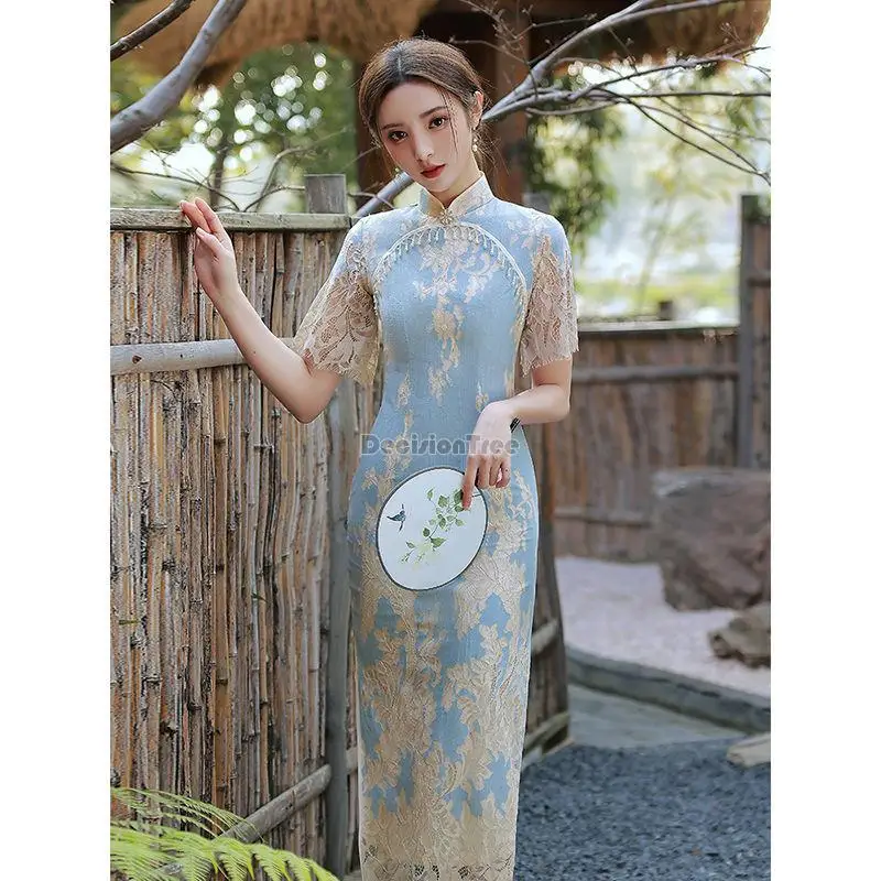 

Женское длинное Кружевное платье-Ципао, Элегантное синее платье в китайском улучшенном стиле с разрезом, qipao g564, лето 2023