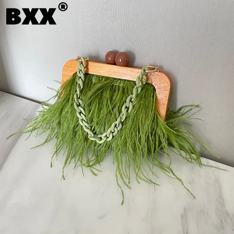 

[BXX] вечерние с перьями, акриловая цепочка, шерсть, сумки для ужина для женщин, новинка 2023, модная повседневная элегантная Свадебная сумка с верхней ручкой