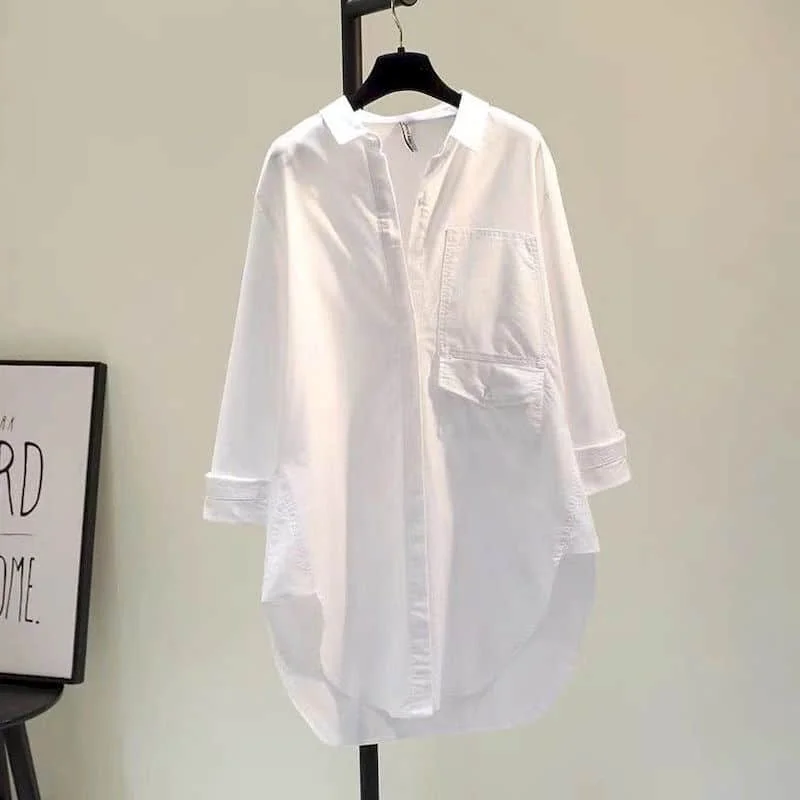 

White Shirts for Women Medium Length Oversized Casual Loose Fitting Pocket Single Breasted Long Sleeve Blouse Women Office Tops