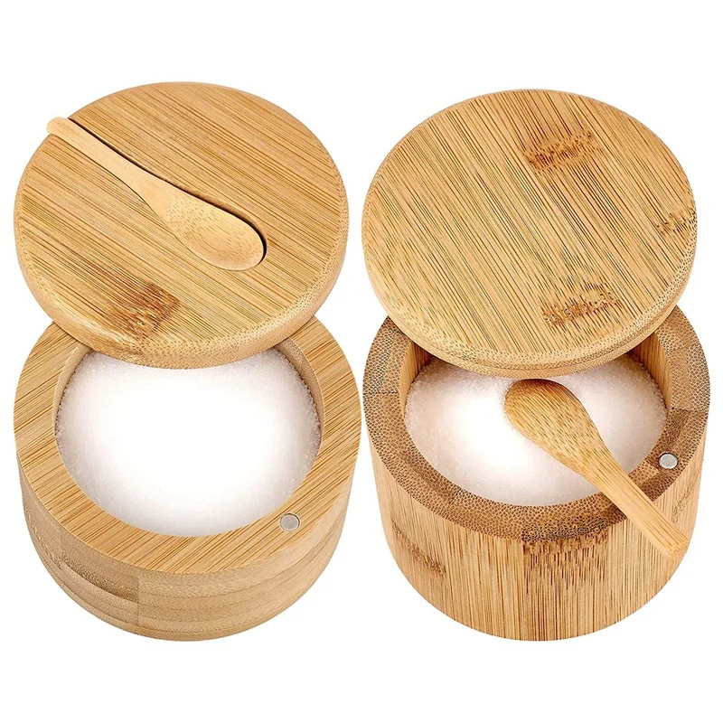 

Бамбуковый Контейнер для соли, погреб и коробка для перца, контейнер для соли с крышкой, Круглый Бамбуковый Контейнер для специй с ложкой дл...