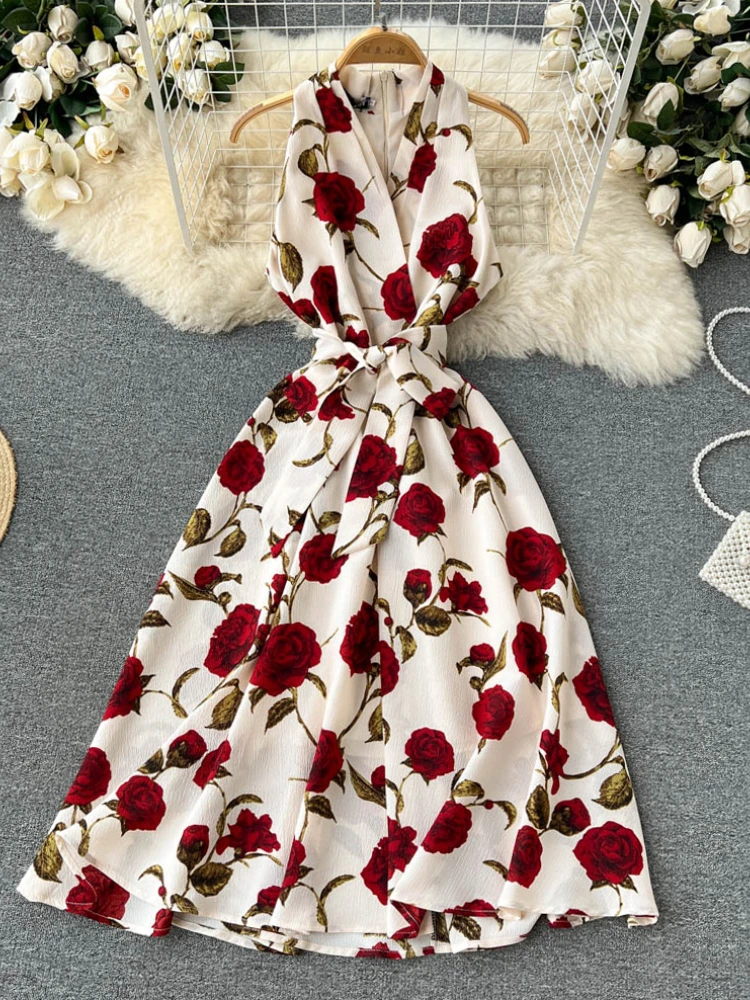 

Vintage Floral Print Dress Women Fashion New Sexy V-Neck Tie Midi Dresses Ladies A Line Bandage Evening Party Dress Vestidos