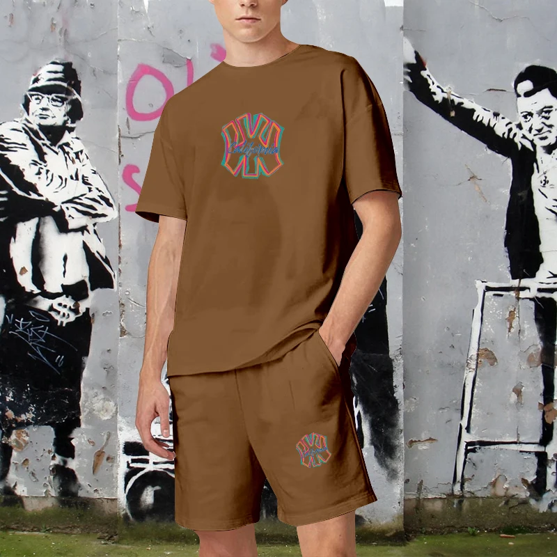 Summer Men's Two Piece Set Pure Cotton Casual T-Shirt Short Set Mens Sports Suit Fashion Short Sleeve Loose Breathable Tracksuit