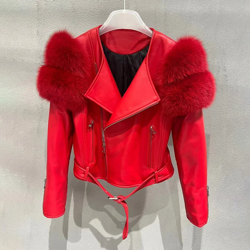 Women Short Leather Jacket Real Fox Fur on Shoulders Zipper Belt Biker Jackets Fashion Crop Overcoats 2022 New Streetwear GT5081