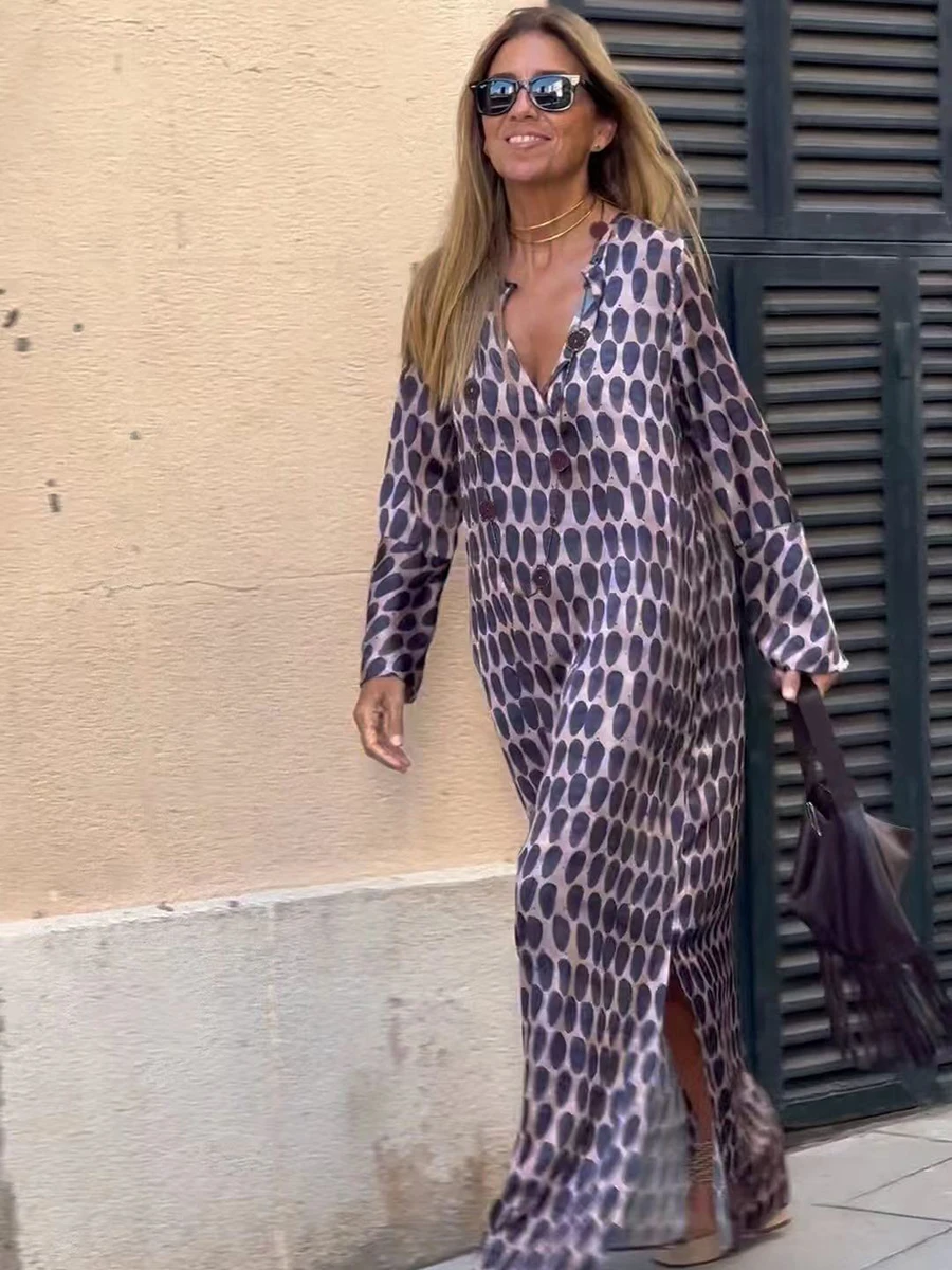 

Women Floral Geometric Print Split Maxi Dress Summer V Neck Long Sleeve Loose Long Vestidos Fashion Casual Holiday Robe Cover-up