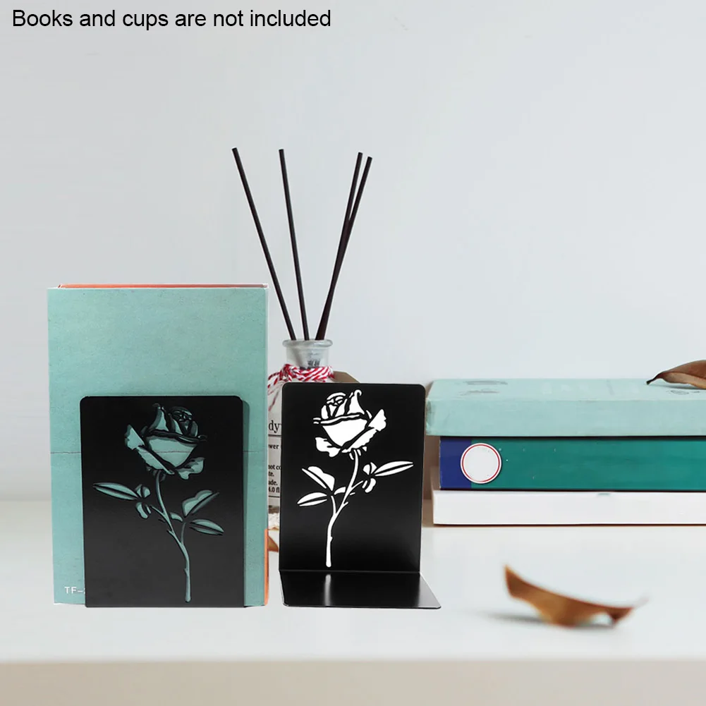 

1pair Stationery Alloy Student L Shape Library Rose Design Book End Heavy Duty File Divider Home Office Out Reading
