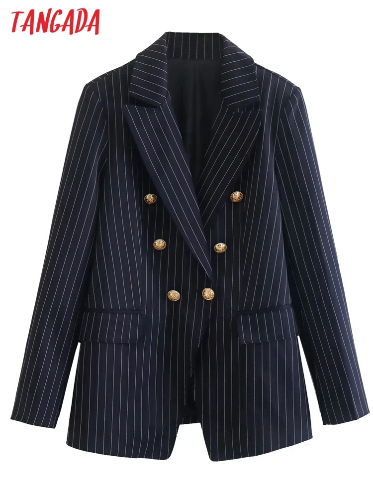 

Tangada Women 2022 Fashion Striped Blazer Coat Vintage Double Breasted Long Sleeve Female Outerwear QD146