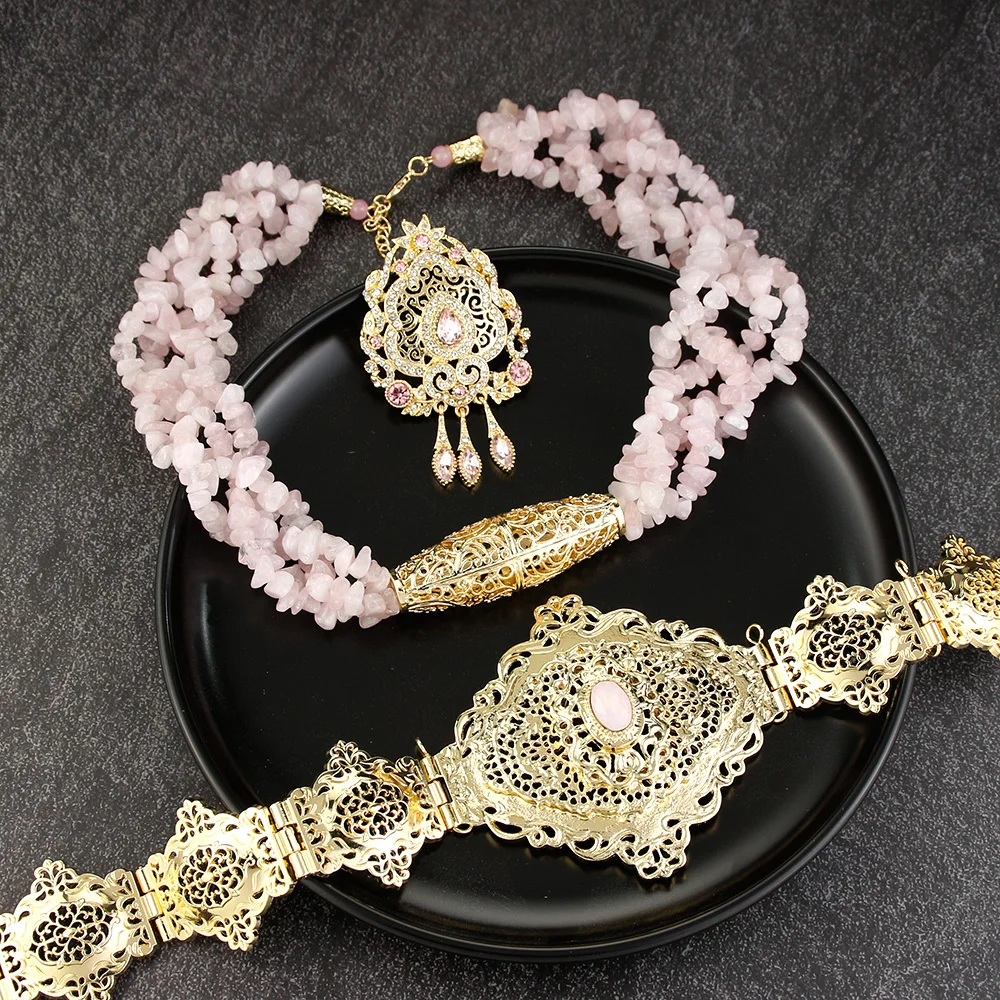 

Sunspicems Шикарный Розовый Камень марокканские Ювелирные наборы металлический пояс многослойная чокер ожерелье брошь Caftan арабское свадебное ювелирное изделие для невесты