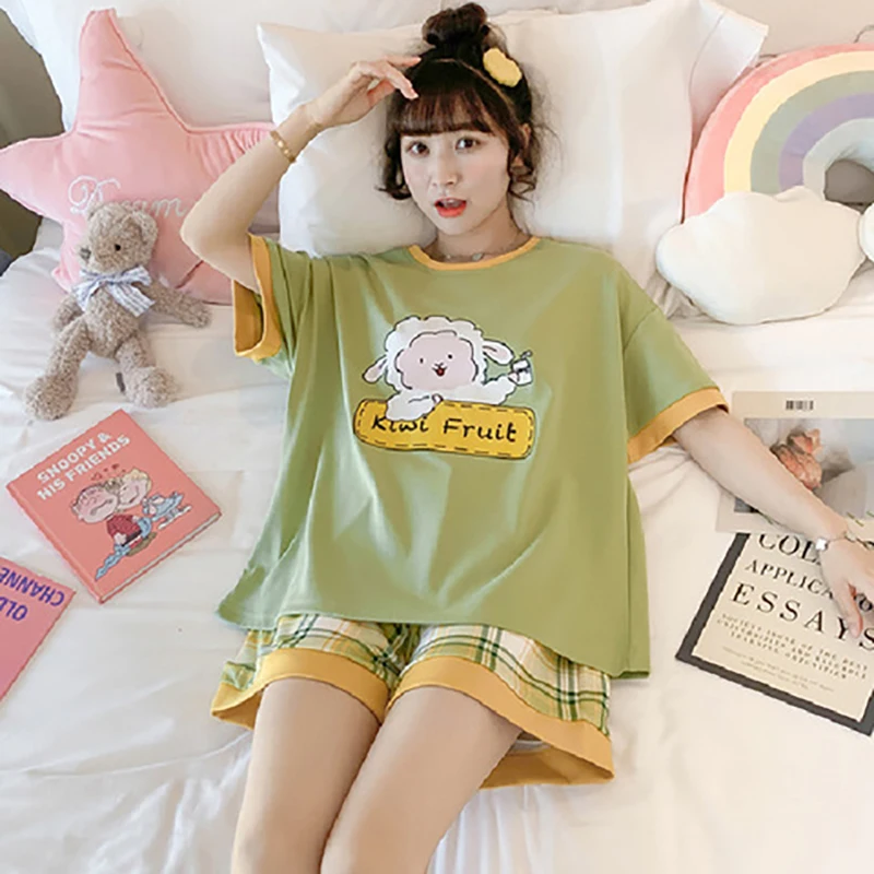 Summer Knitted Cotton Clouds Printing Two Piece Short Sleeved Women Pajamas Sets Pyjamas Ladies Sleepwear Cute Cartoon Pijamas