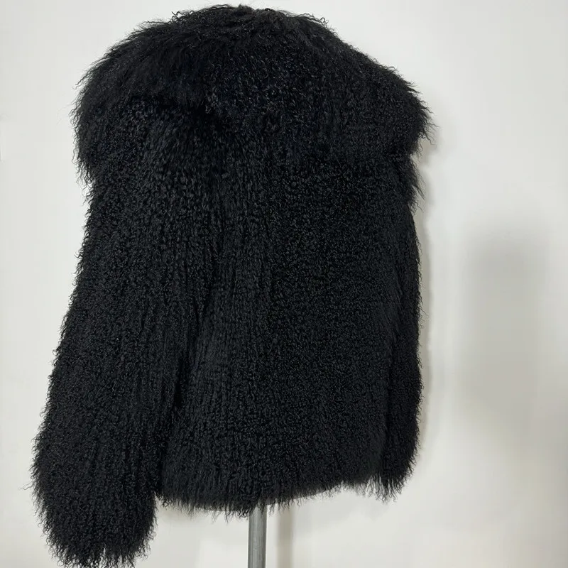 Настоящая дубленка монгольский мех ягненка длина 60 см женская куртка из