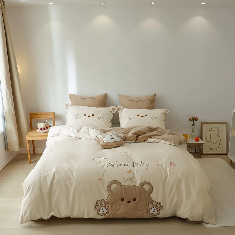 

Cartoon Cute Bear Embroidery 40S Washed Cotton ding Quilt/Duvet Cover Comforter Set Linen Pillow Shams Bedclothe