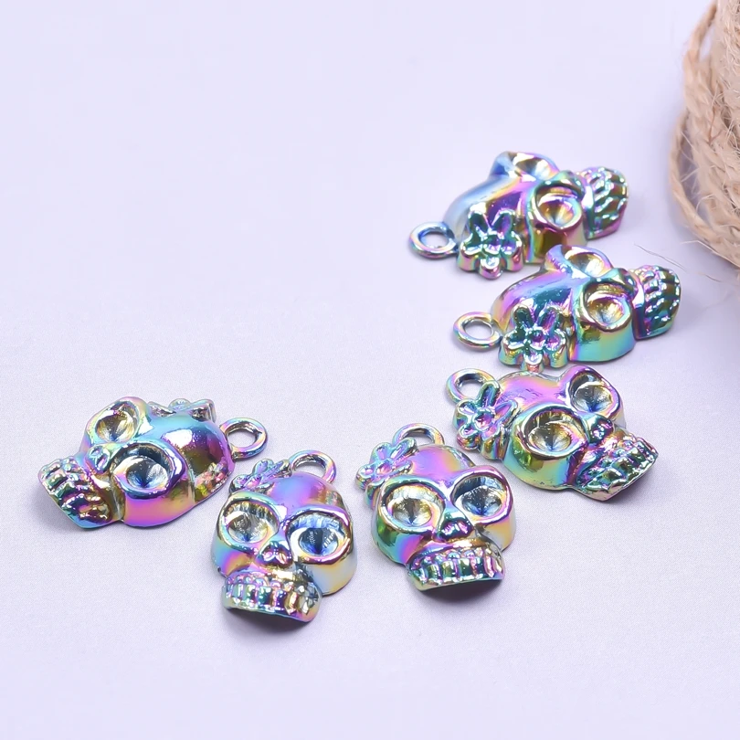 3pcs/Lot Plum Peach Flower Skeleton Skull Bones Cranium Scull Pendant Alloy Halloween Charms For DIY Designer Jewelry Parts