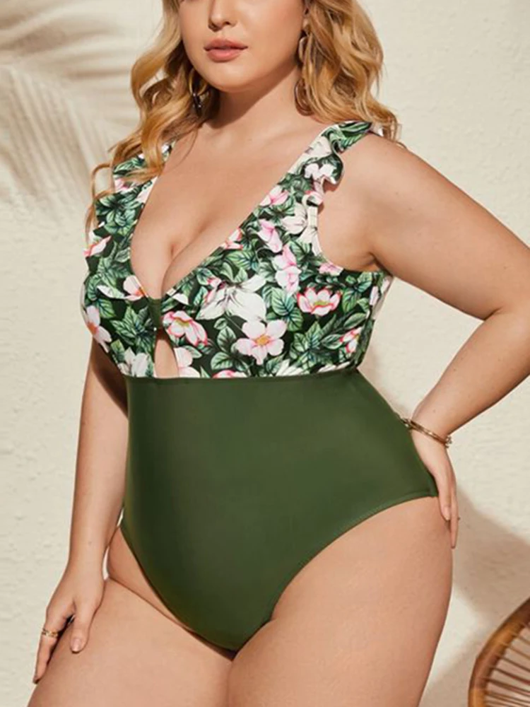 Флорал Рафл V-образное платье с увеличенным пуш-апом для плавания плюс размер 4XL большой женской купальник однотонный с высокой талией монокини большой боди.