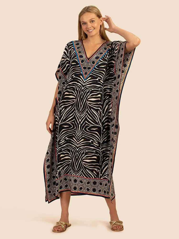 

Vintage Beach Dresses Women Short Sleeve Maxi Robe Bikini Cover Ups for Swimwear V Neck Holiday Bathing Suits