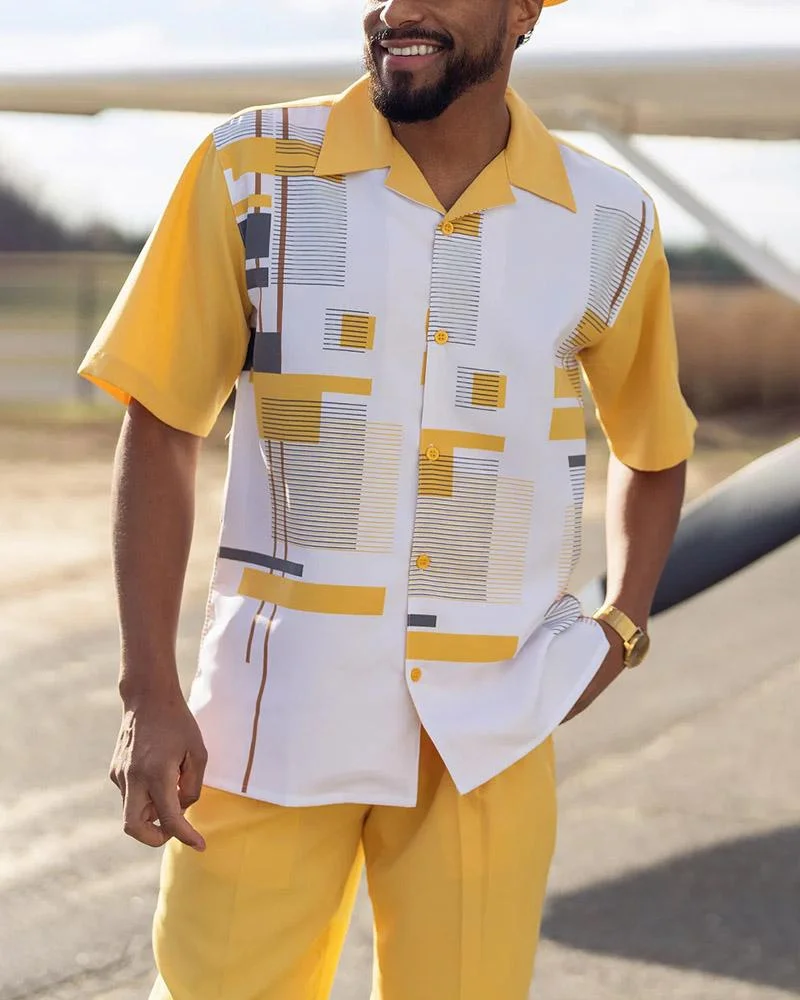 2023 men's short-sleeved shirt+suit trousers two-piece street outdoor leisure printed lapel single-breasted shirt walking suit