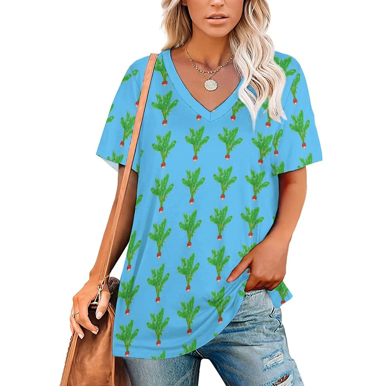 

Radishes T-Shirt Vegetable Print Pretty V Neck T-Shirts Short Sleeves Basic Tshirt Summer Printed Tops Large Size