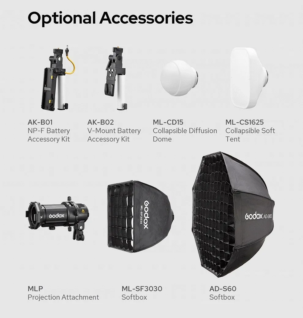 Godox ML60II Bi Аксессуары AK-B01 AK-B02 Адаптер аккумулятора ML-CD15 Диффузионный купол ML-SF3030 AD-S60S Софтбокс MLP36K Прожектор Линза (art.: 3920d12bcd0fd) - 3920d12bcd0fd