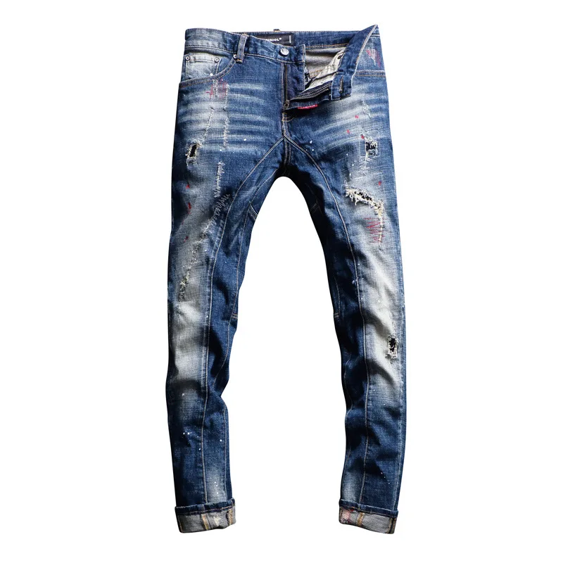 Retro High-End Spray Paint Make Old Jeans Men'S Trendy Brand Ripped Holes Slim Fit Splicing Wash Washed Denim Trendy Jeans