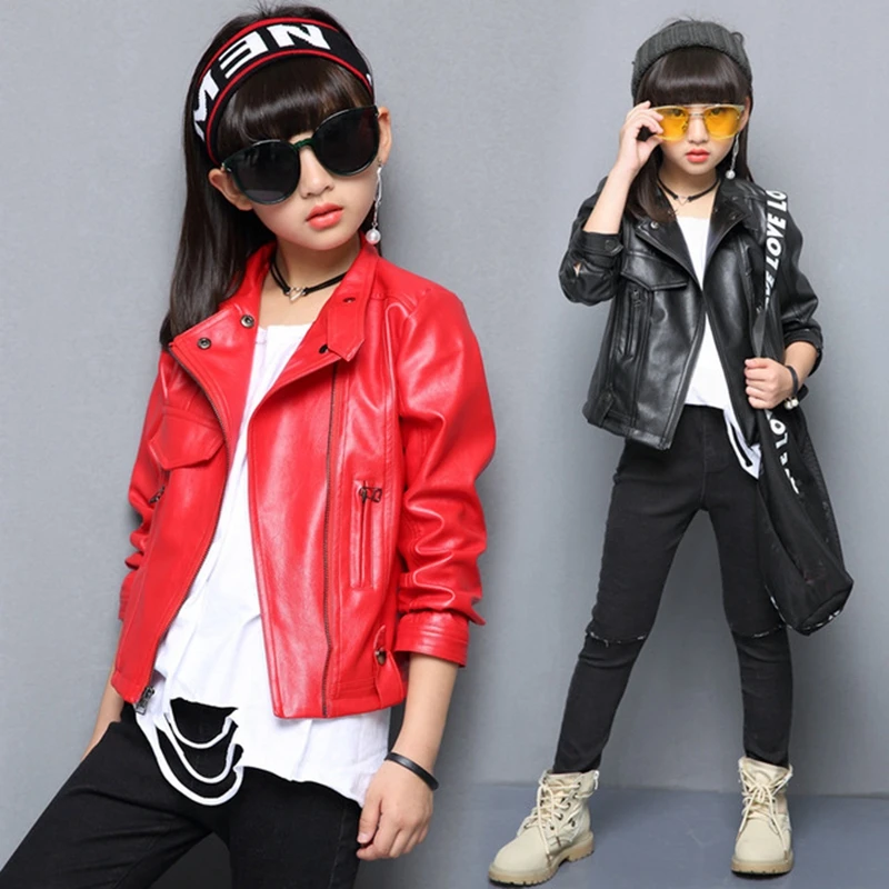 

Spring Children's Leather Jacket Girls PU Zipper Cool Coat Classic Collar Motorcycle Kids Clothes