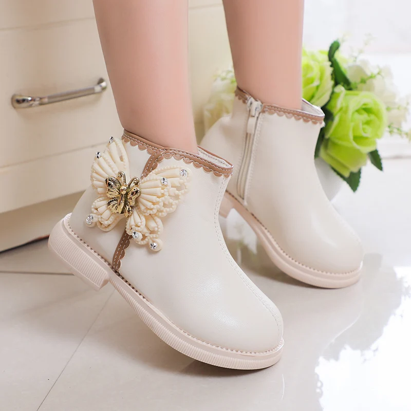 

2023 New Girls Boots Classic Butterfly Sweet Princess Kids Shoes Drop Shipping Non-slip Round-toe Versatile Soft Children Boots