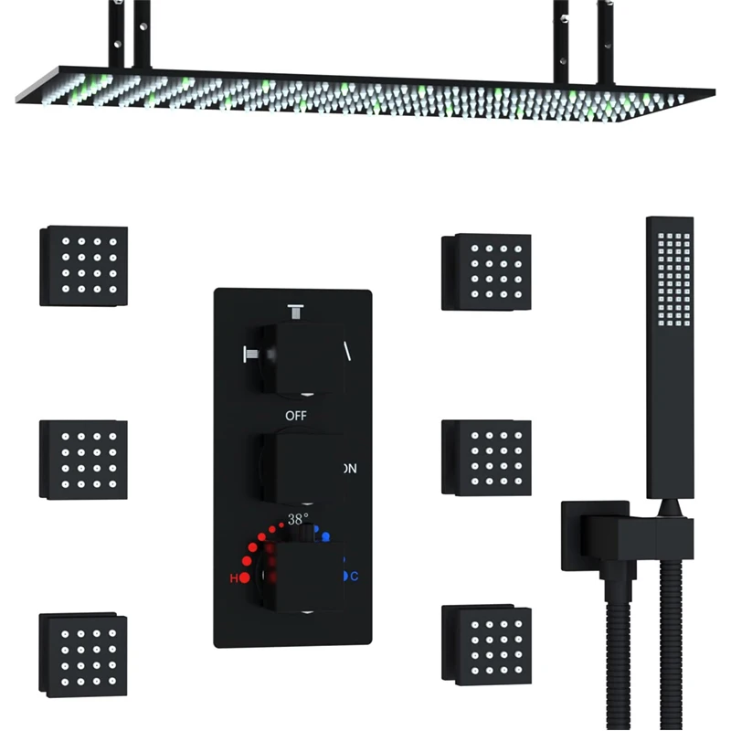 

Luxury 15.7x31.5 inch Super Large Shower Head Matte Black LED Thermostatic rainfall Shower System Faucet Complete Set