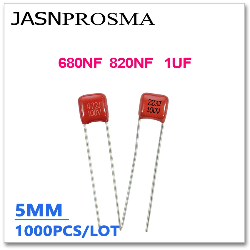 Фото Конденсаторы JASNPROSMA CBB, шаг выводов 5 мм, 100 В, 1000 шт., 680 нФ, 820 нФ, 1 мкФ, 684J, 824J, 105J, 0.68 мкФ, 0.82 мкФ, DIP, 5%, CBB21, CBB22 №1