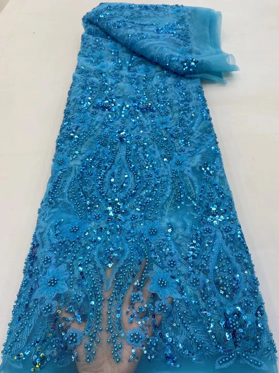 

African Latest High Quality Sky Blue Luxury Beaded Lace Tulle 5Yards Lace Handmade Embroidered Fabric French Wedding Dress Sew
