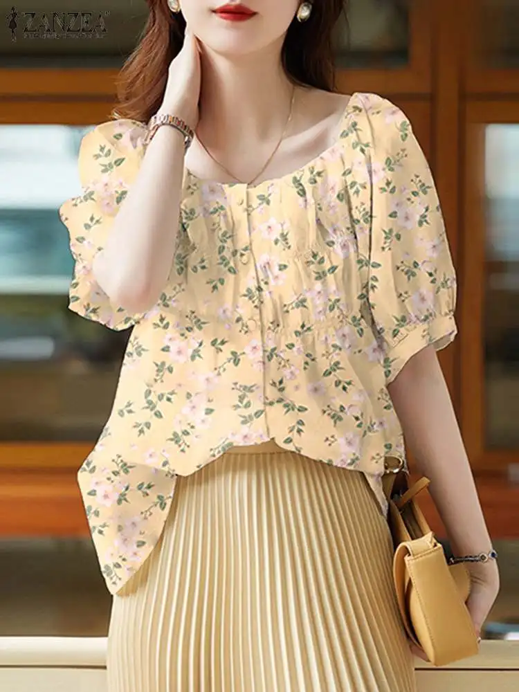 

ZANZEA Fashion Puff Sleeve Blusas Vintage Bohemian Tops Floral Print Casual Loose Shirts Pleats Women O Neck 2023 Autumn Blouse