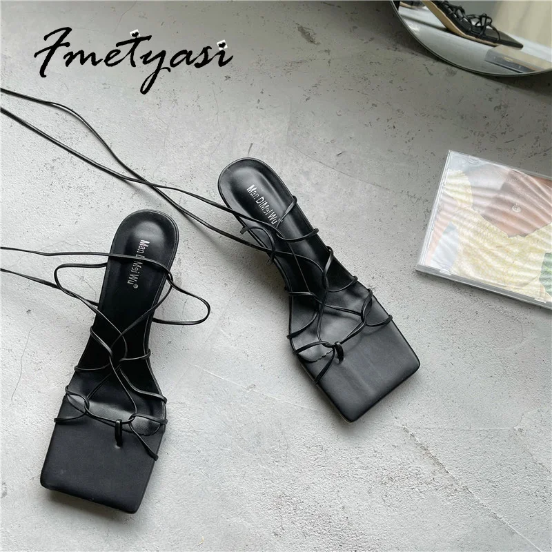 Women's Strappy Heels Sexy Square Toe Gladiator Comfortable Low Heel Sandals Open Toe PU Breathable Stiletto Shoes