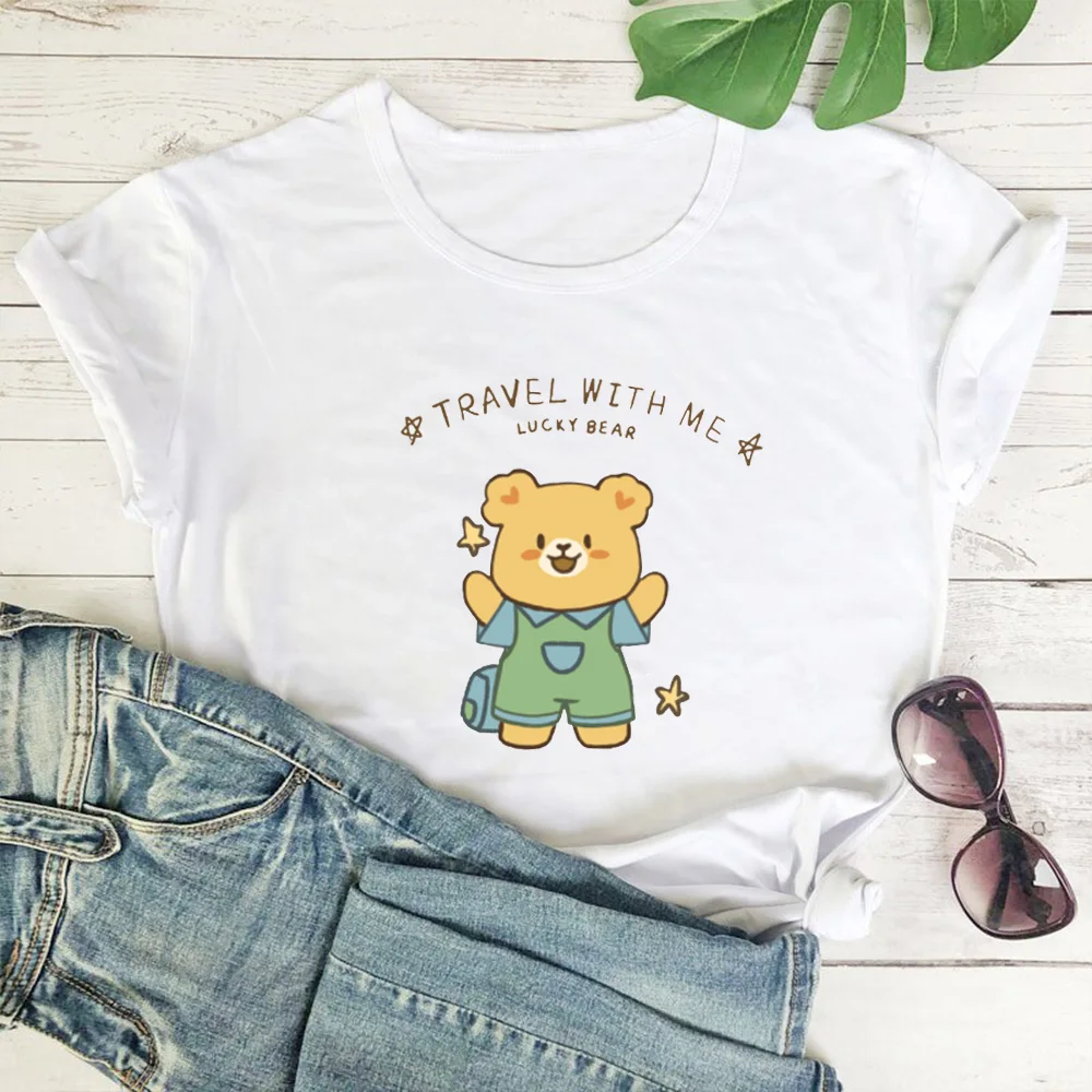

TRAVEL WITH ME LUCKY BEAR T-shirt Women Harajuku Kawaii Bear Pattern Print T Shirt for Women White Leisure Tops Camisas Mujer