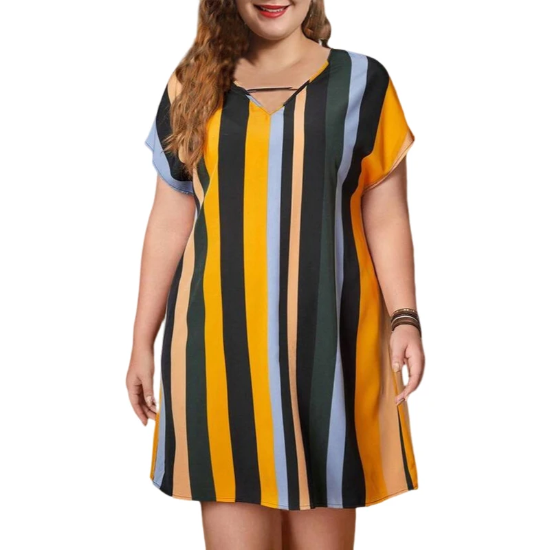 

New 2022 Summer Stripe Print Bohemian Dress Women Short Sleeve Mini Dress Casual V-Neck Loose Dress Plus Size Women Clothing